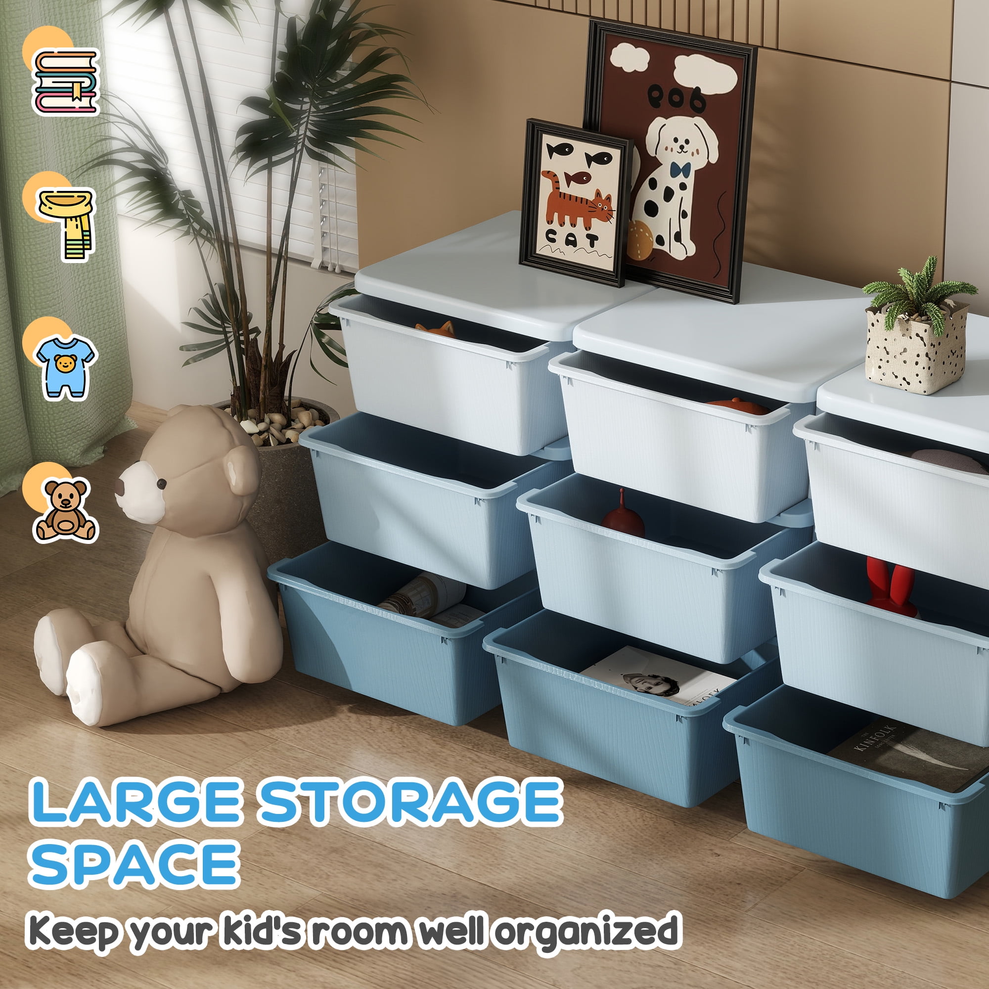 Blue 3-Tier Kids Storage Unit - 9-Drawer Toy Organizer with Removable Bins for Nursery & Playroom Five