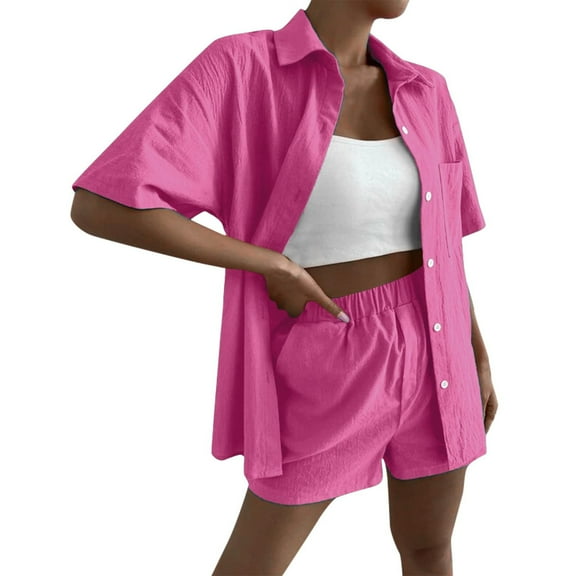 Summer Savings Clearance 2024! TAGOLD Womens Two Piece Outfits Sets,Fashion Women Summer Solid V-Neck Button Casual Short SLeeve Top Pant Set