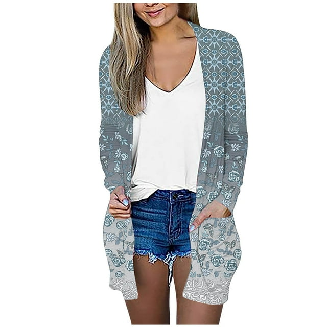 CEHVOM Cardigan Décontracté à Poches Manches Longues Imprimé Floral pour Femmes Liquidation