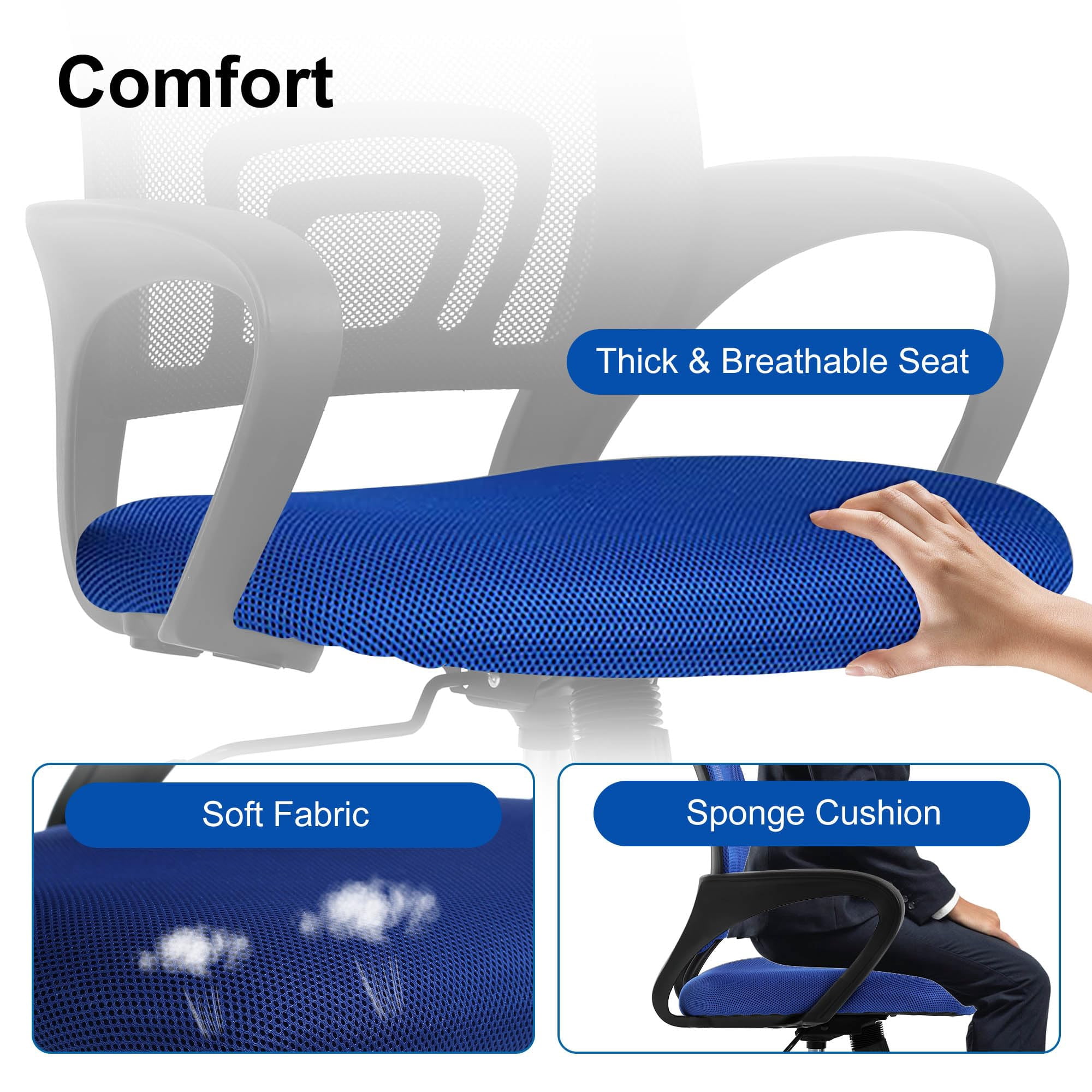 CL.HPAHKL Ergonomic Desk Chair, Mid-Back Mesh Office Chair with Wheels, Rolling Swivel Computer Task Chair for Home Office, Fixed Armrests, Tilt & Height Adjustable, Blue