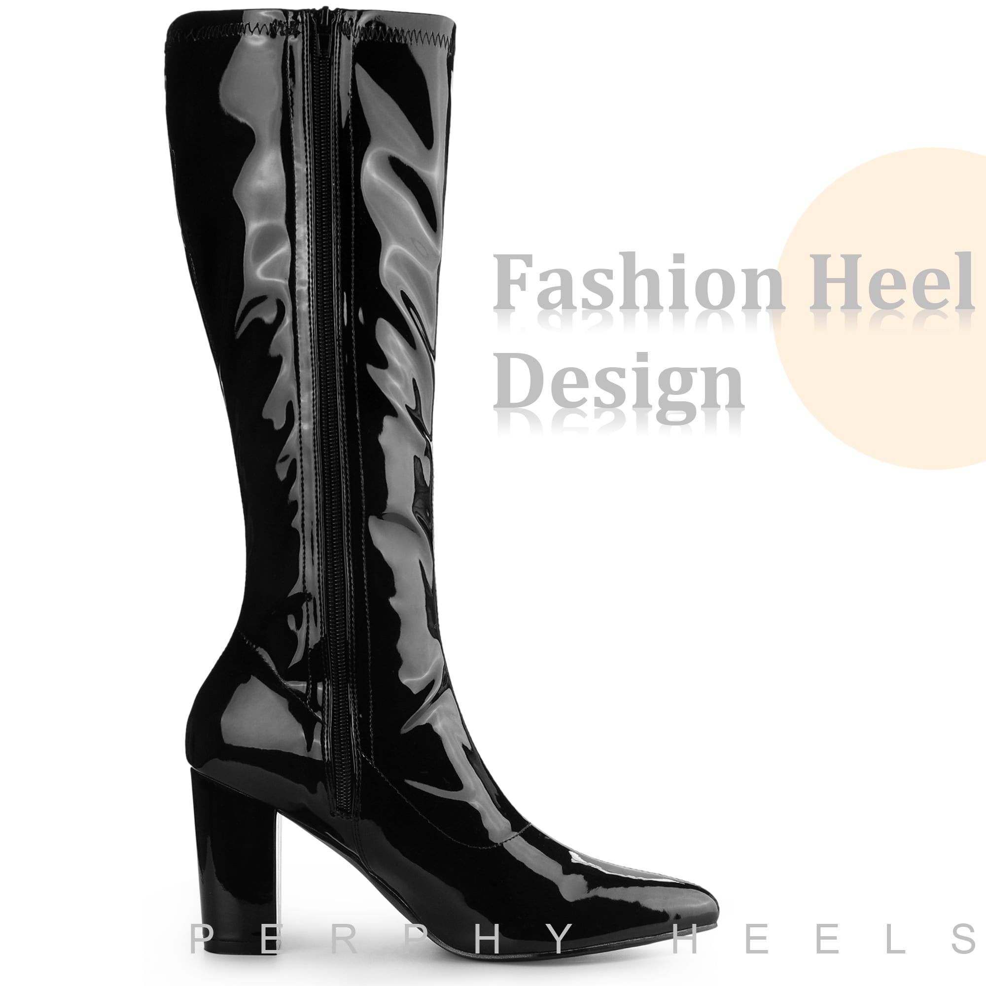 Unique Bargains Women's Boot Pointed Toe  Zip Chunky Heels Knee High Boots Black 9