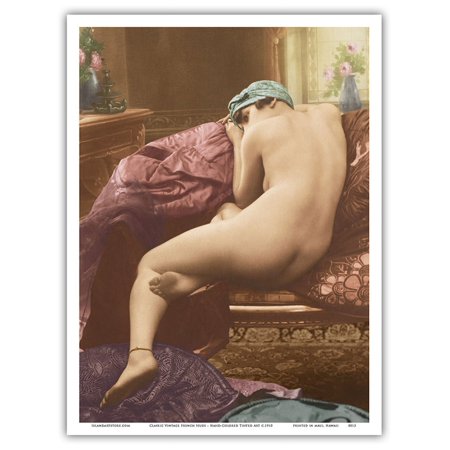 Classic Vintage French Figure on Couch - Hand-Colored Tinted Art - From a French Risque Postcard by SIC Photo Studio c.1910 - Master Art Print (Unframed) 9in x 12in