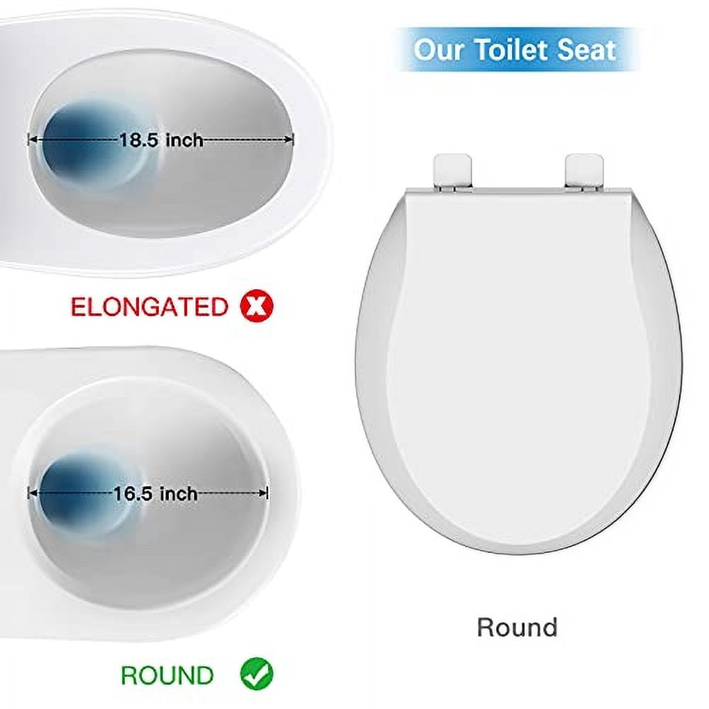 Durable Round Toilet Seat with Slow Soft Close - Easy to Install and Clean, Never Loosens - White, Fits Most Round Toilets