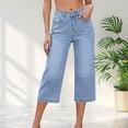thumbnail image 3 of Capri Jeans for Women Elastic High Waist Relaxed Fit Washed Blue Wide Straight Leg Denim Capris with Pockets Cropped Jeans, 3 of 9