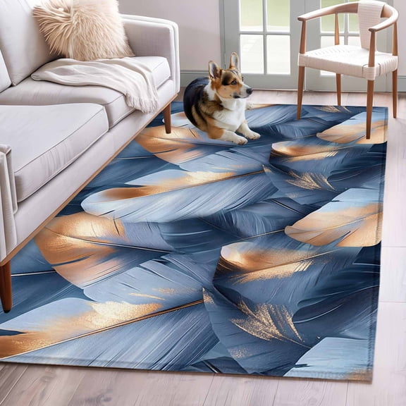 Navy Blue Ombre Feather Area Rug 4x6 Washable Rug Non Slip Modern Art Leaves Large Area Rug Indoor Floor Carpet for Entryway Bedroom Kitchen Living Room Home Office Dining Room Nursery