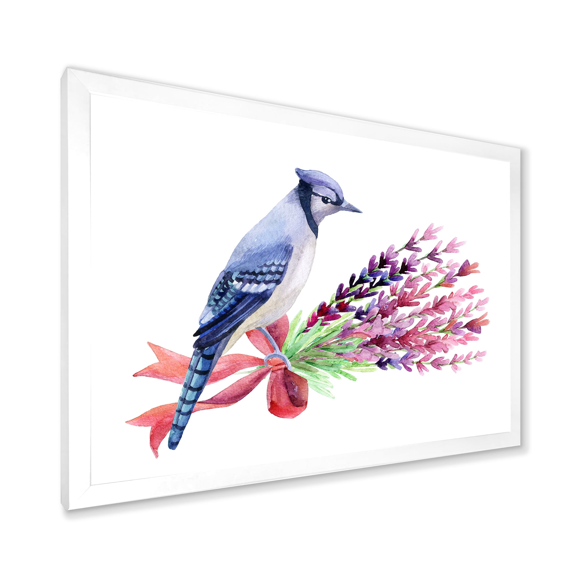 Designart 'Blue Jay Bird On Bouquet Of Pink Flowers' Traditional Framed Art Print