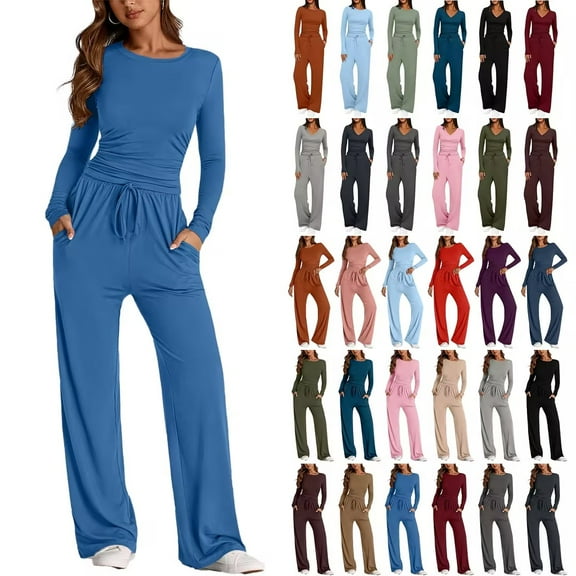 Bovxnpu Two Piece Sets for Women Fall Outfits, 2 Piece Lounge Set Sweatsuit Womens Wide Leg Pants Side Ruching Crop Top Sets