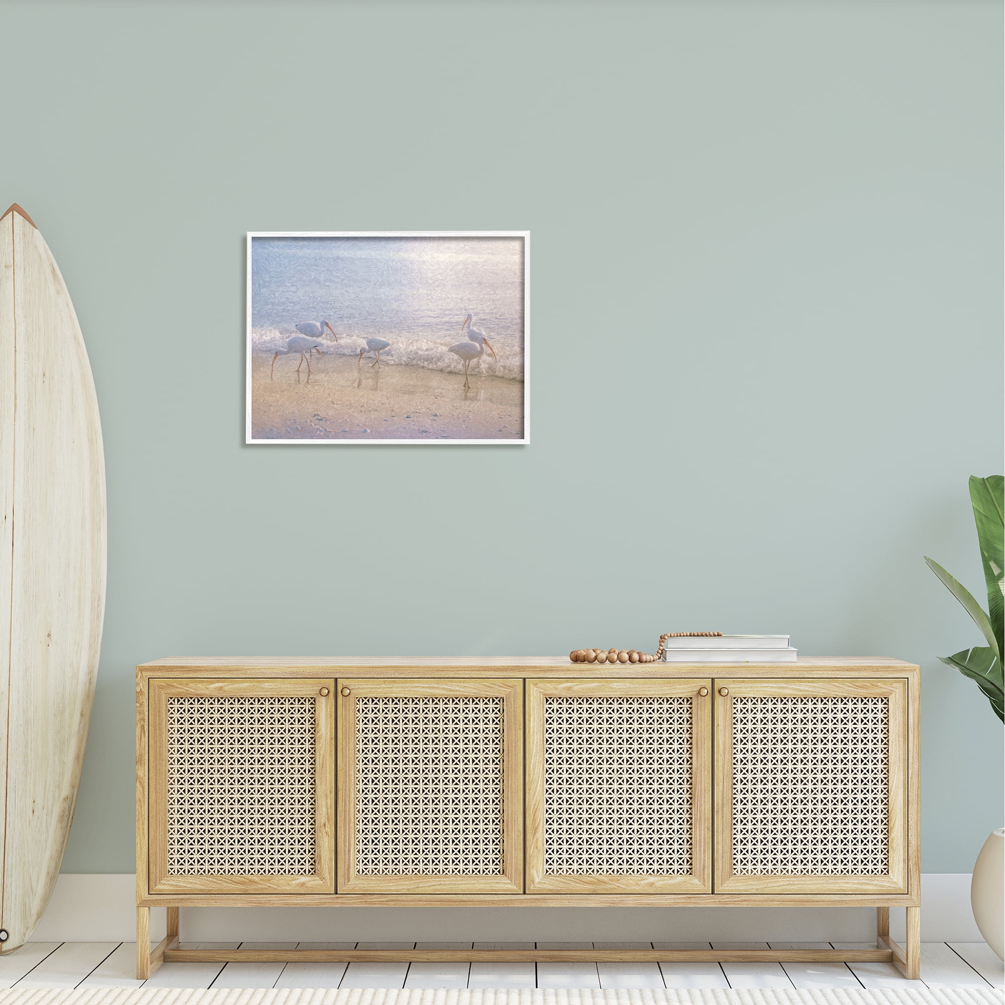 Stupell Seaside Waves Bird Flock Grazing Landscape Painting White Framed Art Print Wall Art