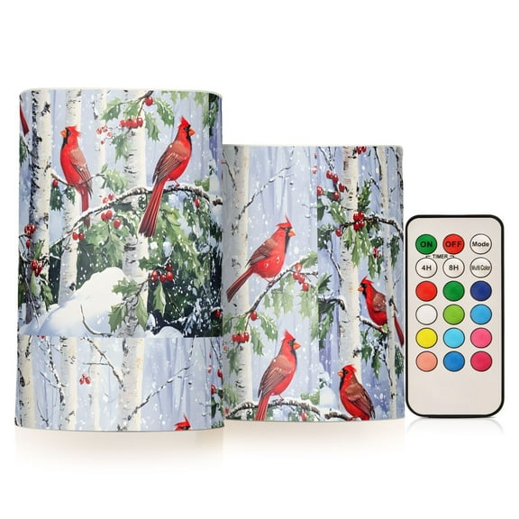 Red Cardinals Perched Flickering Flameless Candles Battery Operated with Remote Timer LED Pillar Candles Set of 2