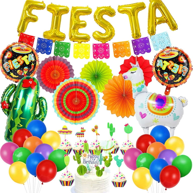 AYUQI Mexican Fiesta Party Supplies, Multicolor Picado Banner Fiesta Cactus  Alpaca Foil Balloons Paper Fan Pompoms Bunting Banner for Cinco De Mayo  Frida Kahlo Party Decorations 