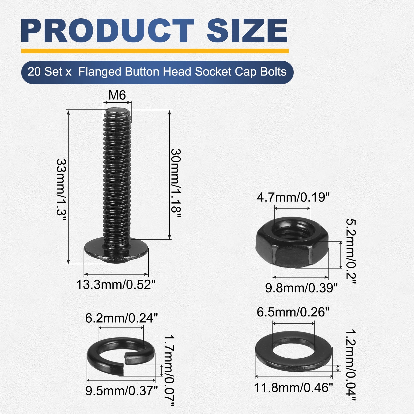 20 Set M6 x 30mm Flanged Button Head Socket Cap Screws, Black 304 Stainless Steel 18-8 Hex Socket Head Screws Bolts, Nuts, Flat & Lock Washers for DIY, Furniture, Automotive