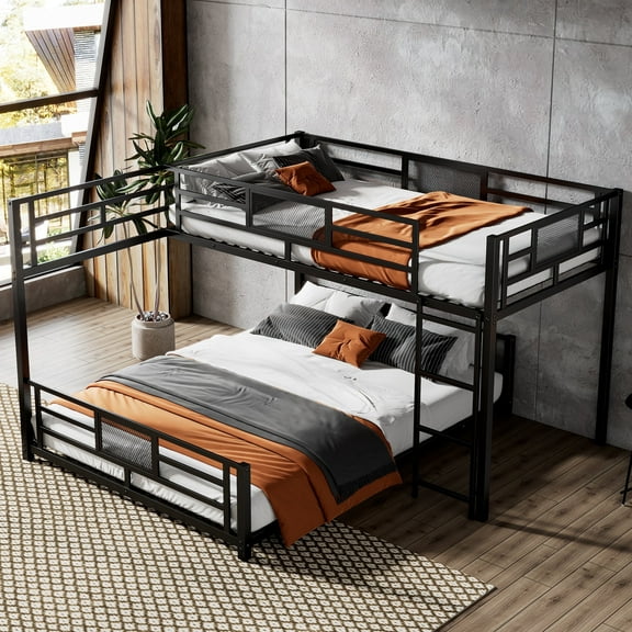 Bellemave Twin over Full Size Bunk Bed L-shaped Metal Low Bunk Bed with Guardrails and Ladder Junior Floor Bunk Bed Frame (Black)