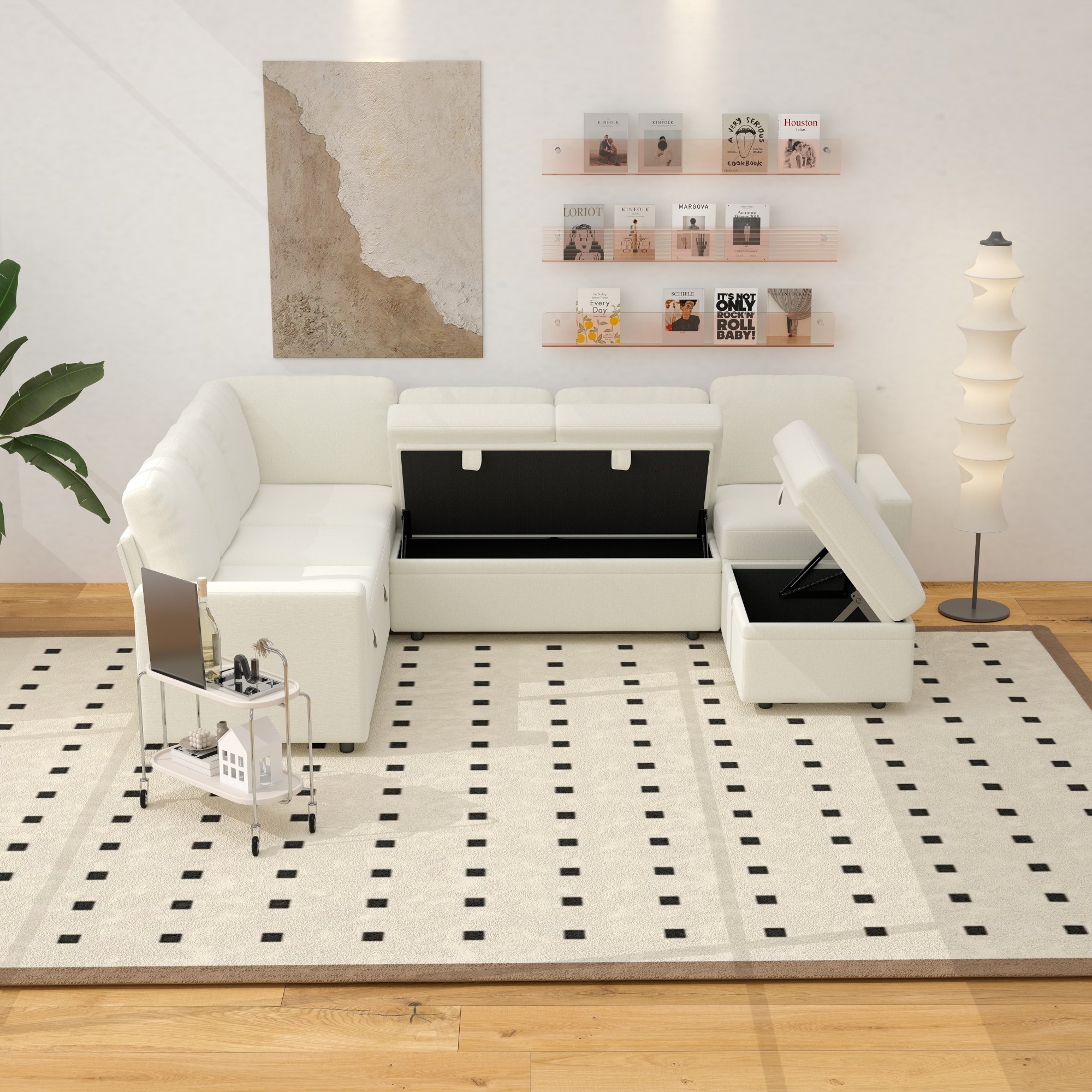 Gewnee 6-Seater Beige L-Shaped Convertible Sofa - Skin-Friendly & Wear-Resistant Chenille Fabric, Multifunctional Storage, for Living Rooms & Halls（including 1 footstool）