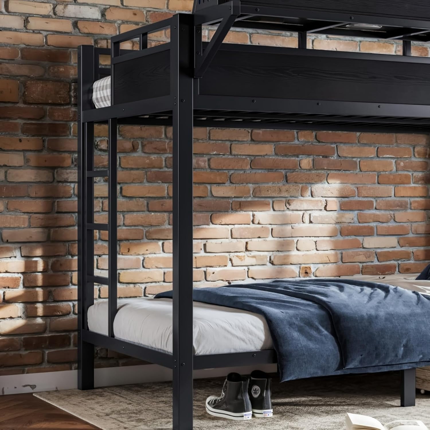Twin XL over Twin XL Size Metal Bunk Bed with USB Ports & LED Lights, Storage Shelves, Black