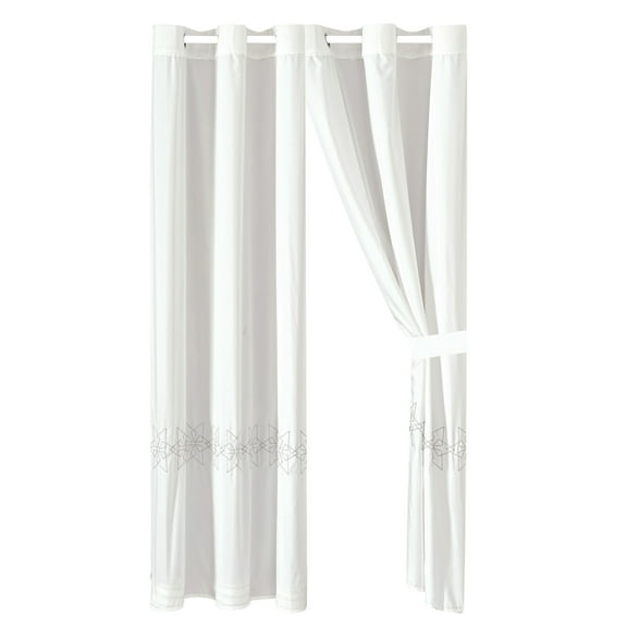 4-Piece Astro Curtain Set Drape Sheer Liner|Geometric Hexagram Star Embroidery|White Gray|Grommet