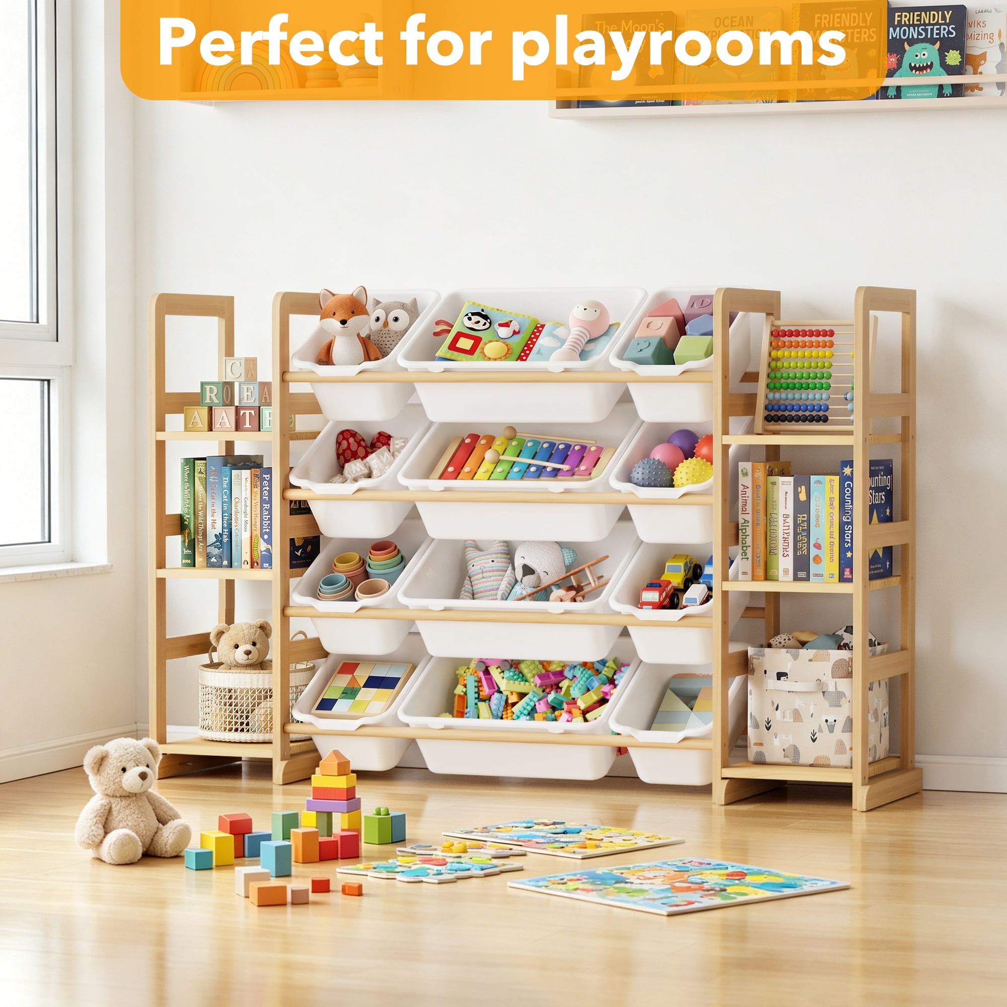 TACWILY Toy Storage Organizer with 6 Shelves and 12 Bins, Toy Organizers Storage Bookshelf, Kids Bin Shelf Toys Box Bookcase for Bedroom Playroom Organization Room Decor, White