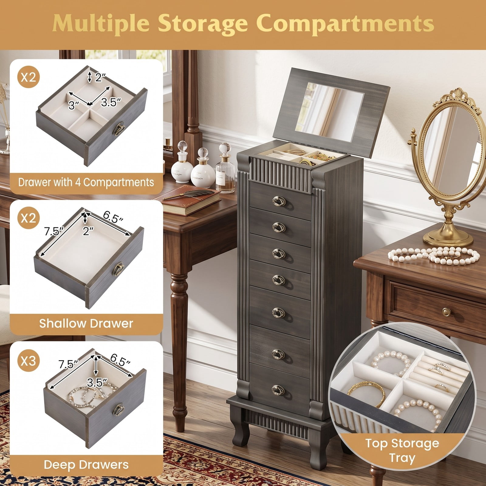 Furnibear Freestanding Wooden Jewelry Armoire Cabinet Storage Chest with 7 Drawers and Swing Doors for Space Saving Bedroom Storage, Gray