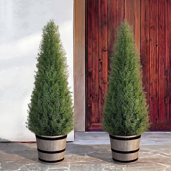 Romswi 4 ft Artificial Cedar Tree with Planter Set 2 Faux Topiary Cedar Plants Realistic Potted Plants for Home Porch Office Decor Faux Pine Tree for Housewarming Gift