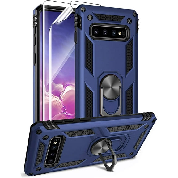 REQO for Samsung Galaxy S10 Plus Case with HD Screen Protectors, Military-Grade Metal Ring Holder Kickstand 15ft Drop Tested Shockproof Cover Case for Samsung Galaxy S10  (2019) Blue