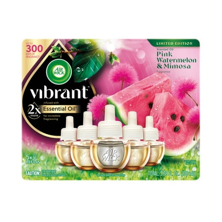 Air Wick Vibrant Plug-In Scented Oil Air Freshener Warmer Refills, Pink Watermelon and Mimosa, 5 Count