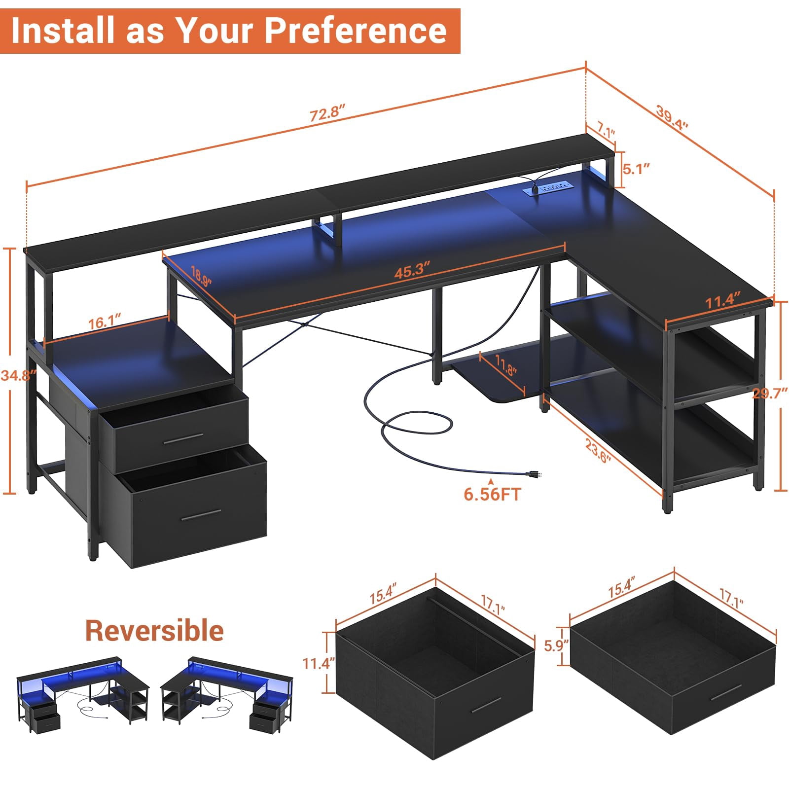 Homieasy L Shaped Desk with File Drawer, 72.8" Reversible L Shaped Computer Desk with Power Outlet & LED Strip, Gaming Desk with Monitor Stand, Office Desk Corner Desk with Storage Shelf, Black