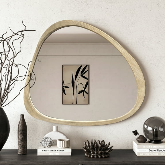 Solid Wood Mirror 45 Inch Asymmetrical Wall Mirror Wooden Framed Mirror Large Sized Dressing Mirror,