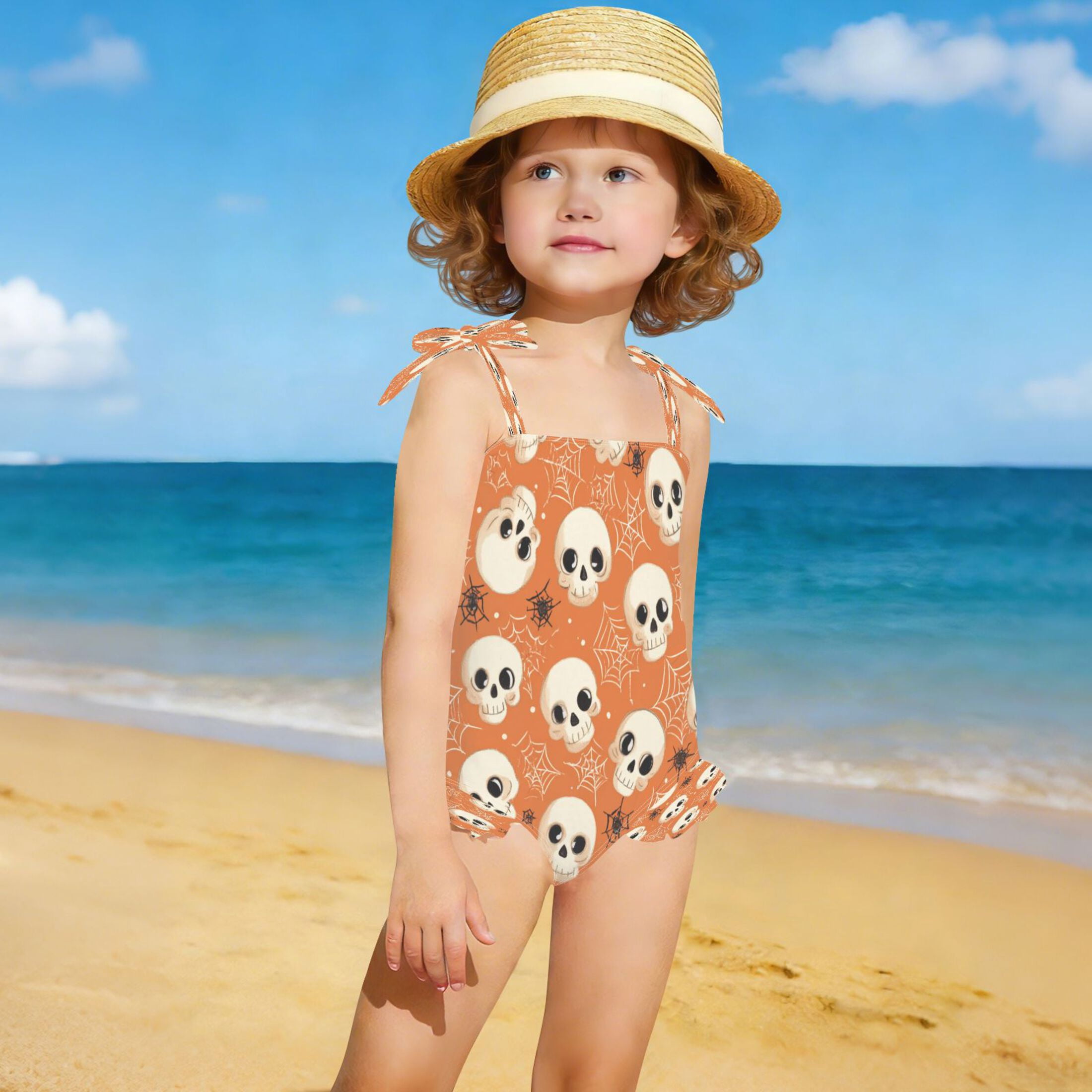 Toddler Girls One Piece Swimsuit, Tie Shoulder Ruffle Bathing Suit, Quick Dry Kids Swimwear for Summer Beach Adorable Skulls and Spider Webs