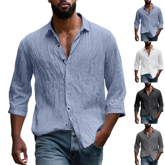 Men's Linen Shirt Long Sleeve Button down Shirt Men Casual Loose Fit Lapel Breathable Lightweight Summer Beach Top Black L