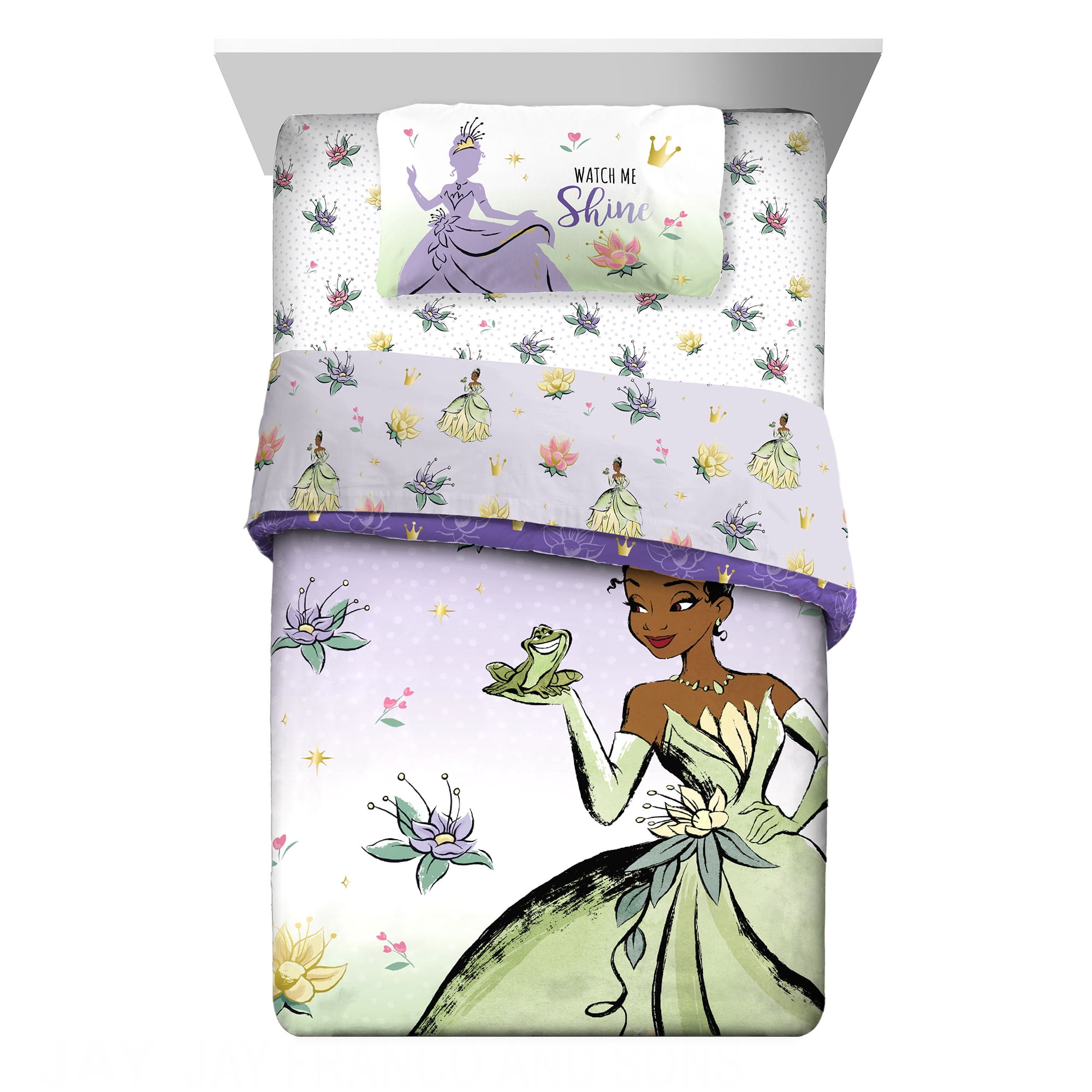 Princess Tiana Kids Twin Bed in a Bag, Comforter and Sheets, Purple, Disney