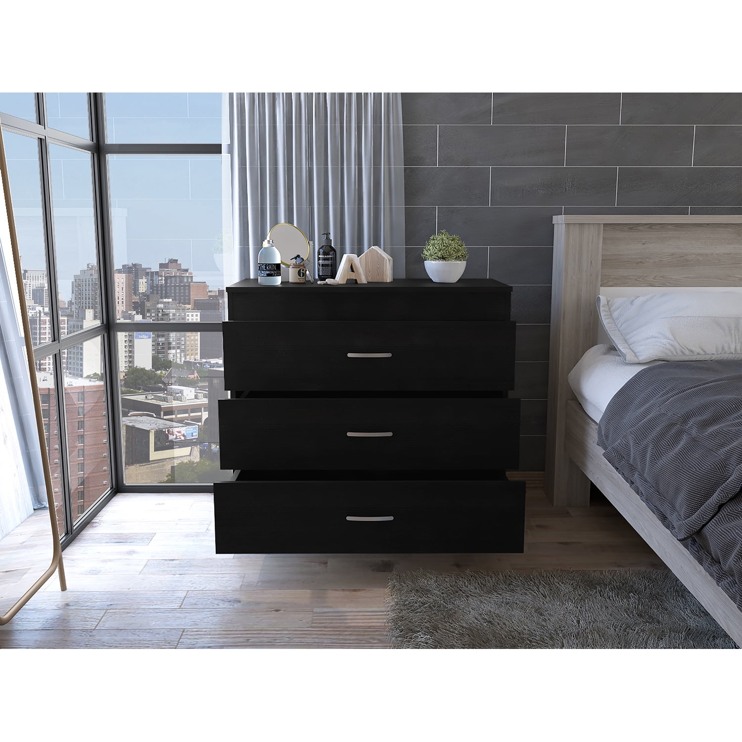 Kadyn Three Drawer Dresser, Chest of Drawers with Metal Hardware, Storage Cabinet for Bedroom, Black Nightstand Kadyn Three Drawer Dresser, Chest of Drawers with Metal Hardware, Storage Cabinet for Bedroom, Black Nightstand