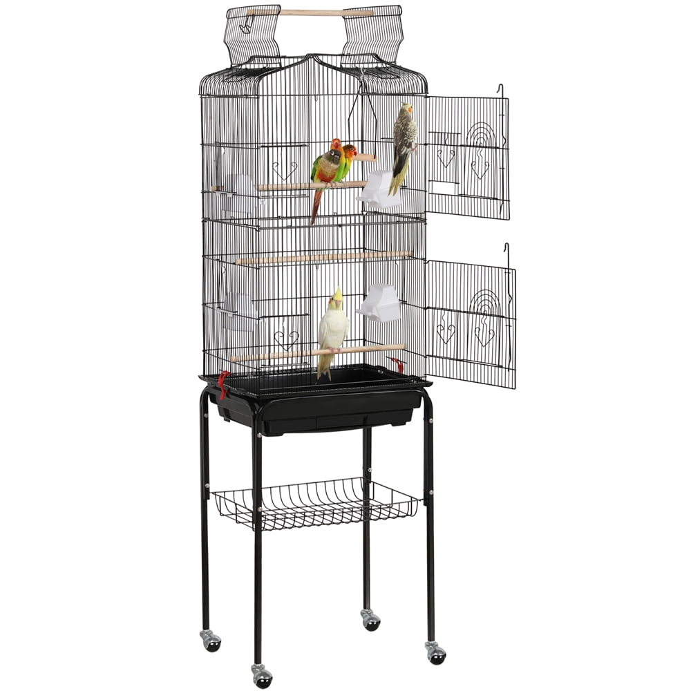 Yaheetech 64"H Open Top Metal Bird Cage Rolling Parrot Cage w/ Double Doors  for Budgie Parrot Canary Cockatiel, Black