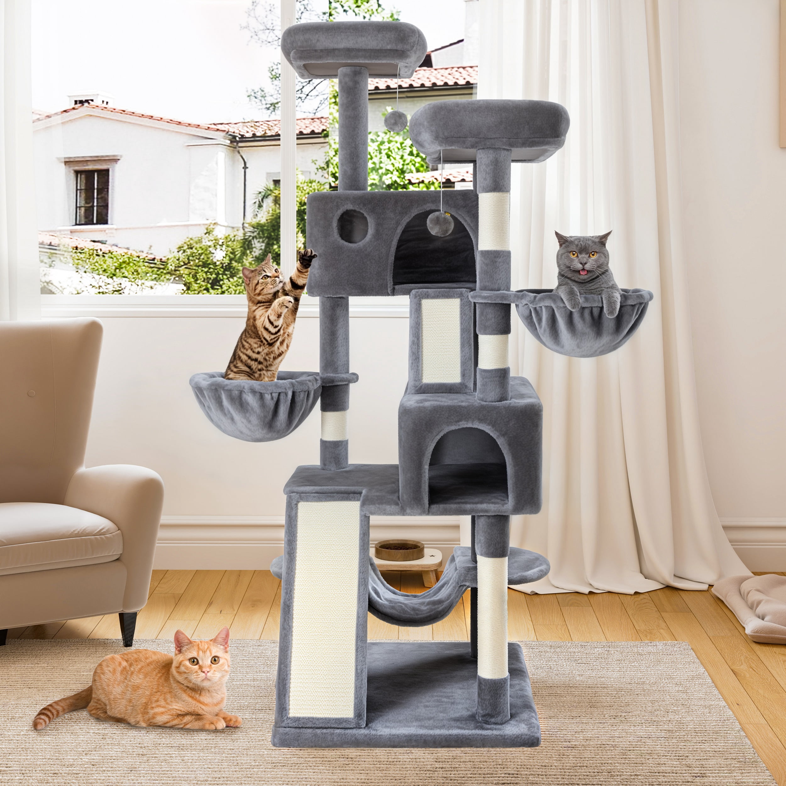 Einfach 65.7" Large Cat Tree and Tower for Cats, Condo House with Hammock, 2 Scratching Boards & 5 Scratching Posts, Gray