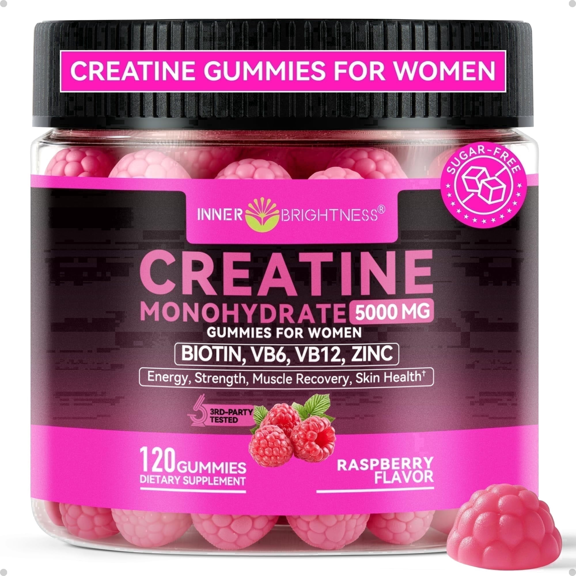 Inner Brightness Creatine Monohydrate Gummies for Women 5000mg - 6-in-1 with Biotin, Zinc, B6, B12 - Sugar-Free Raspberry Creatine Chewables for Muscle, Energy & Skin - 120 Count