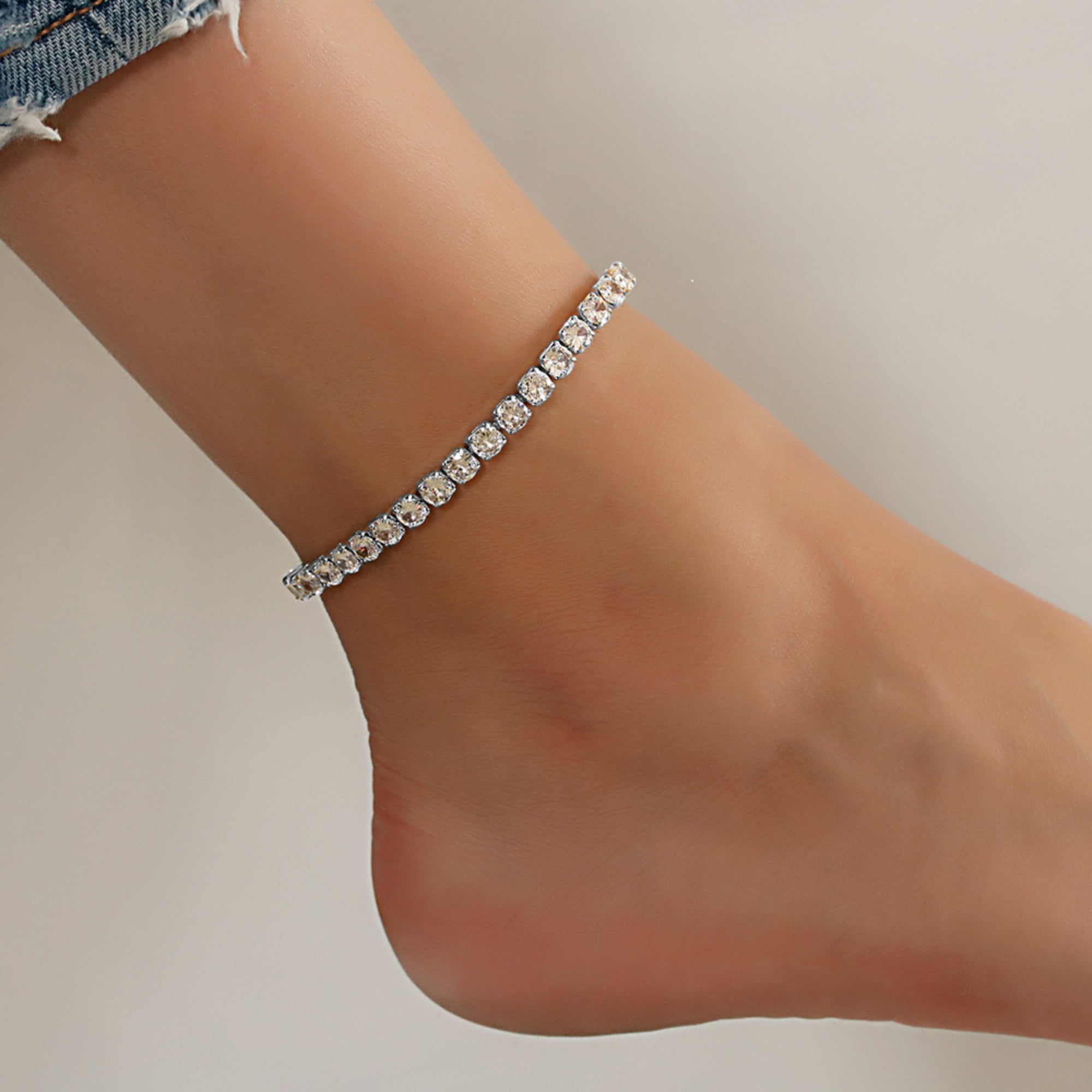 Silver Cubic Zirconia Adjustable Anklet for Women, 7"+2" inch Adjustable Size and Brass Material