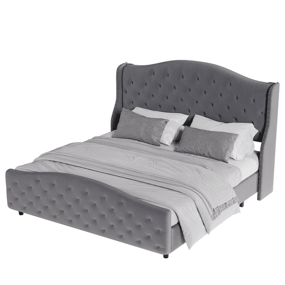 Sunvasagoo Luxury Velvet Platform Bed, Tufted Wingback Headboard King/Queen, No Box Spring Needed