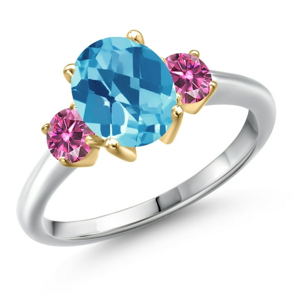 Gem Stone King 925 Silver and 10K Yellow Gold Swiss Blue Topaz and Pink Moissanite Engagement Ring for Women | 2.71 Cttw | Oval Checkerboard 9X7MM | Gemstone November Birthstone | Size 7