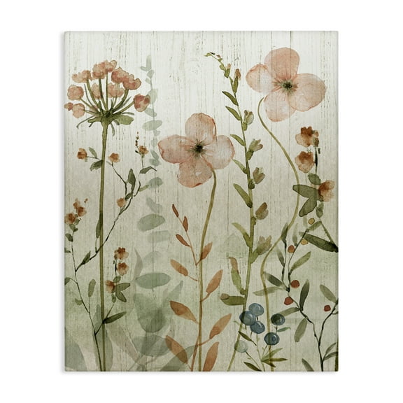 Stupell Industries Soft Florals over Rustic Floral Painting Wrapped Canvas Canvas Art Print Wall Art, 16 x 20