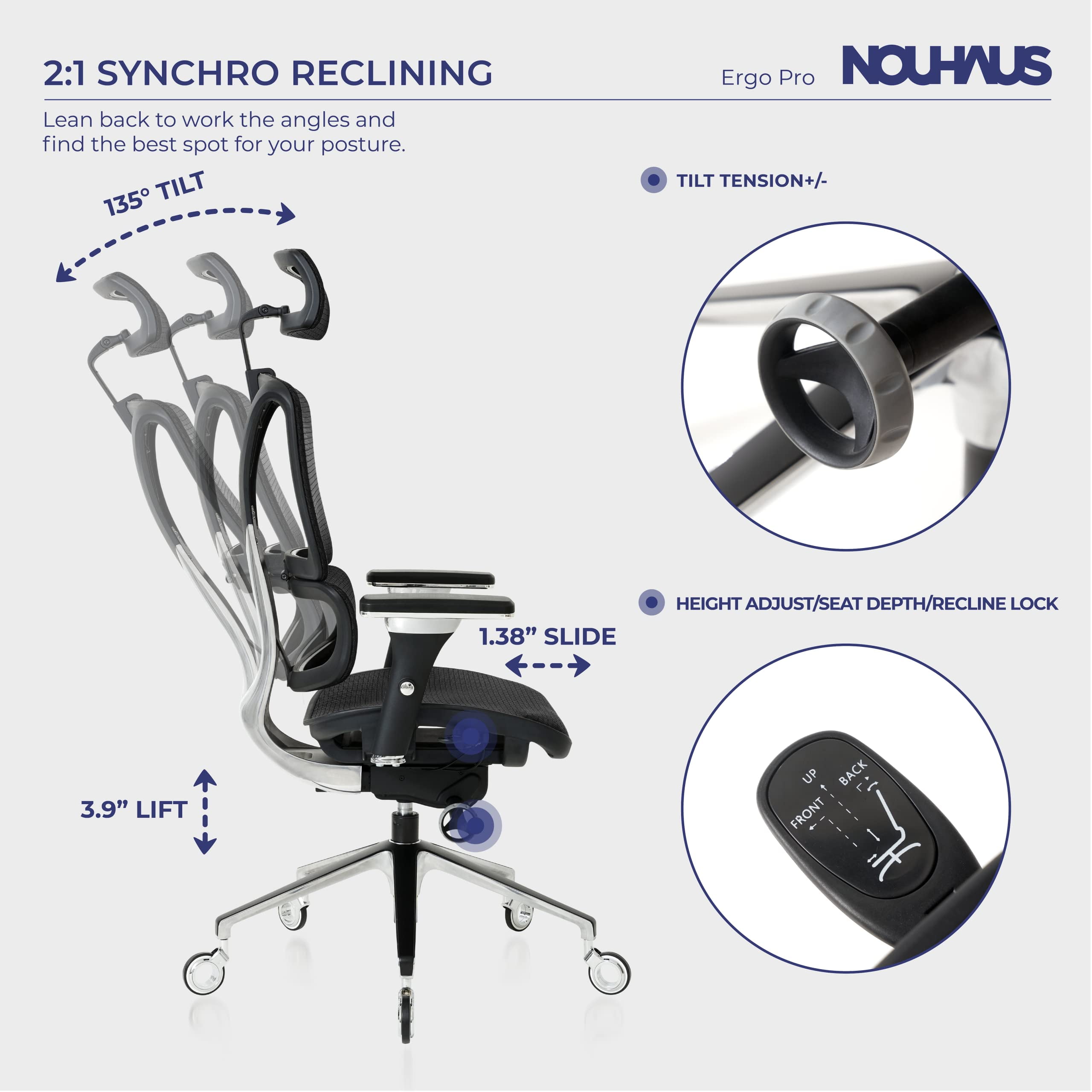 NOUHAUS ErgoPRO Mesh Ergonomic Swivel Office Chair with Adjustable Armrests, Lumbar Support, Headrest for Home Office, Black
