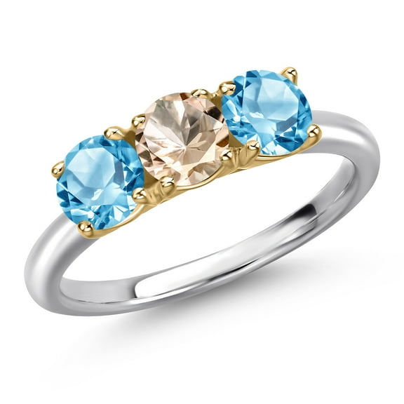 Gem Stone King 10K Two Tone Gold Peach Morganite and Swiss Blue Topaz Engagement Ring for Women | 1.70 Cttw | Round 5MM | Gemstone October Birthstone | Size 5