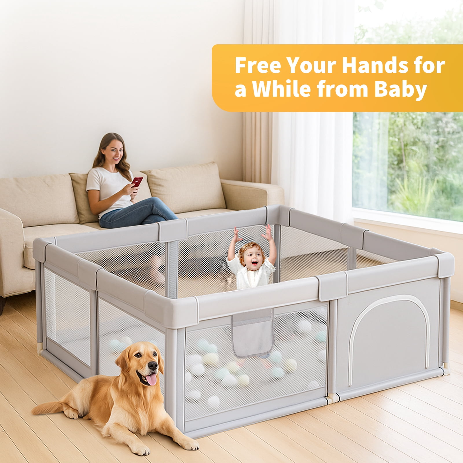 DaPlug Baby Playpen, 51 x 51 inch Indoor & Outdoor Toddler Play Yard Fence for Boys Girls, Gray