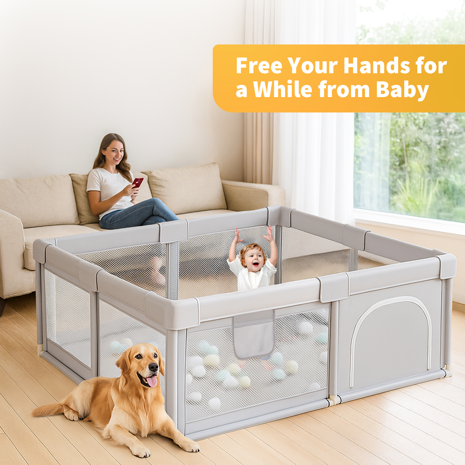 DaPlug Baby Playpen, 51x51", Indoor/Outdoor, Gray photo 2
