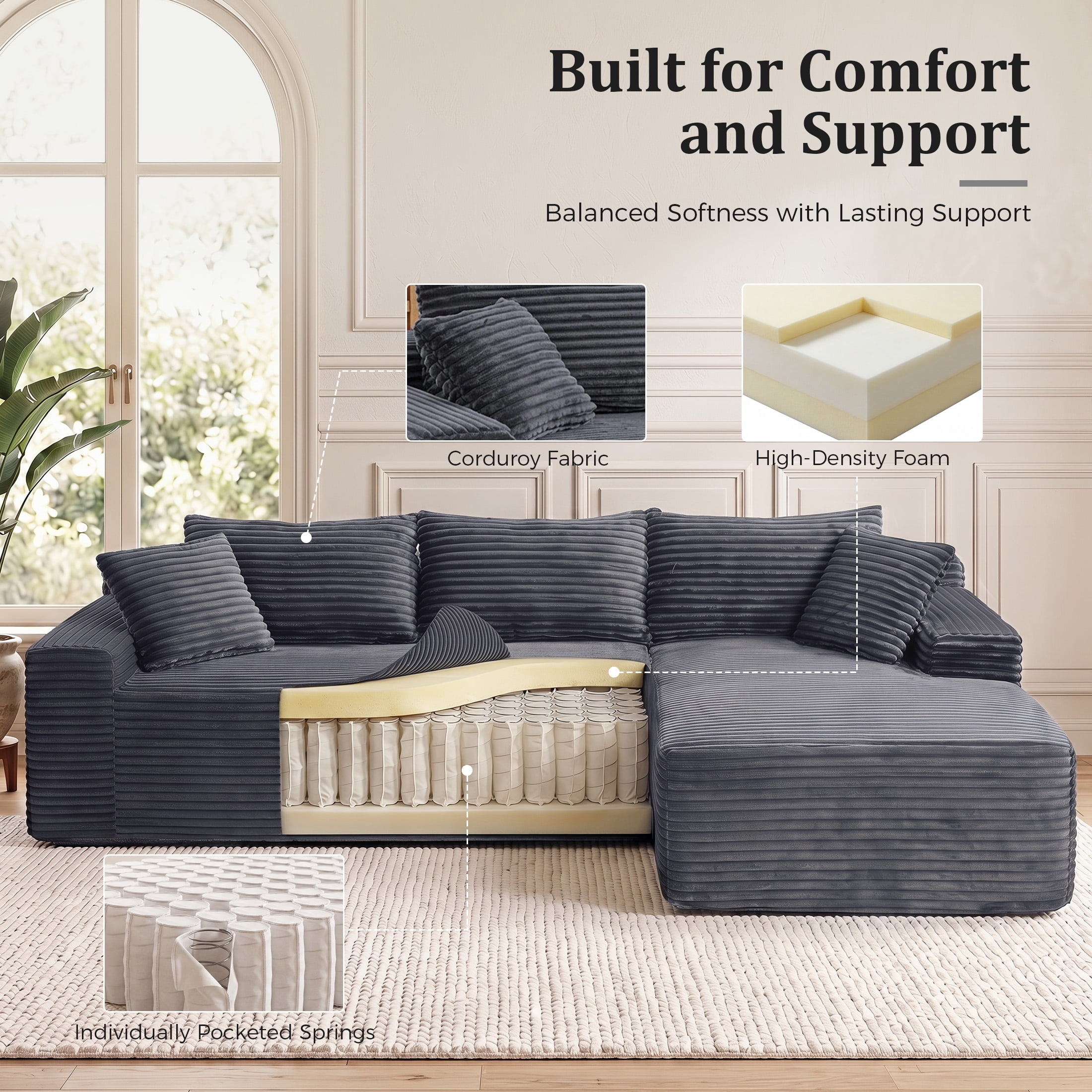 Aenkyo 95 Inch Corduroy L-Shaped Modular Sectional Sofa, Right Chaise, Gray