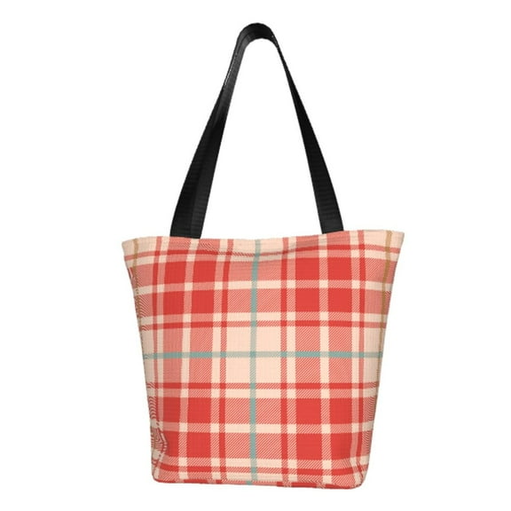 TEQUAN Reusable Shoulder Tote Bags, Beige Red Checkered Plaid Prints Polyester Casual Shopping Grocery Bag for Women