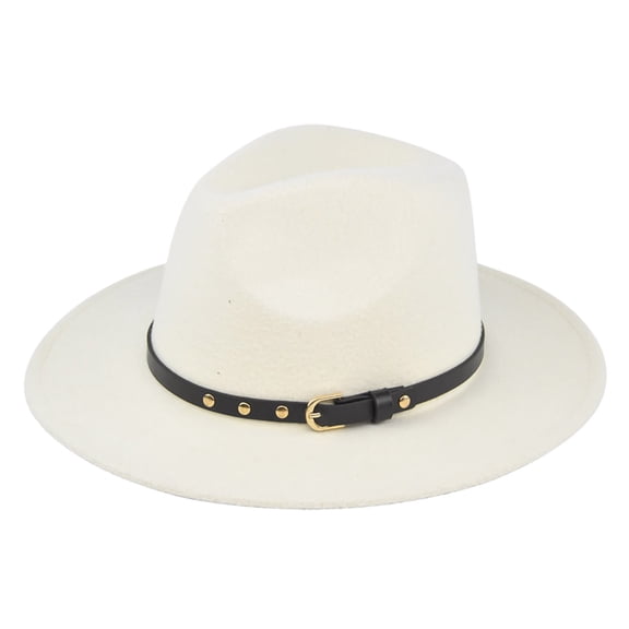 Women's British Jazz Hat Ladies Wide Brim Fedora with Chain Cowboy Style for Winter Fashion Beige One Size