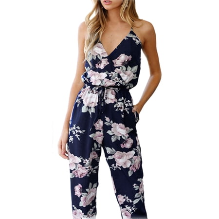 Emmababy Women Playsuit Party Jumpsuit Romper Trousers Backless V-Neck Summer Floral Clubwear