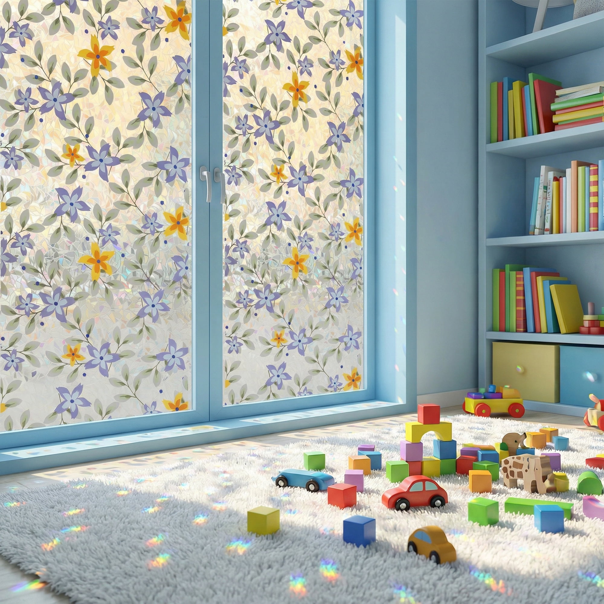 Unique Bargains No Glue Static Cling Flowers Window Film Blue Green 39.4" x 17.7"