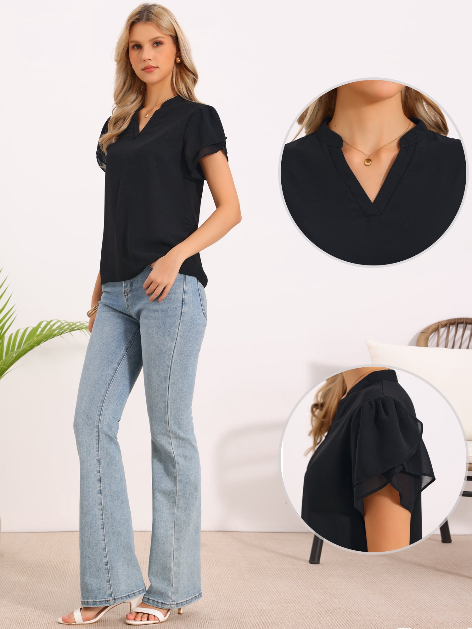 DARING DIVA Women's Chiffon Casual Short Ruffle Petal Sleeve V Neck Shirts M Black