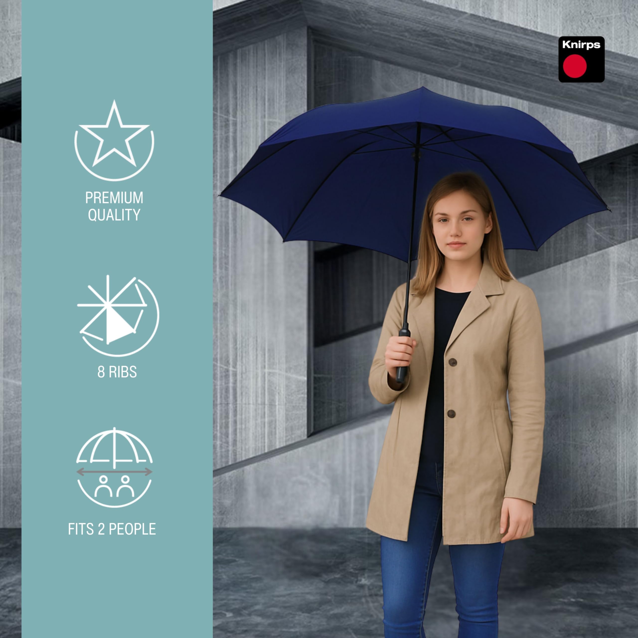 Knirps U.900 Ultra Light XXL Manual Open Close 52in Rain Umbrella in Navy – Large Quick Dry Double Canopy, Weighs 9oz, Windproof Up to 75mph - Durable Aluminum Carbon Frame & Non Slip Handle