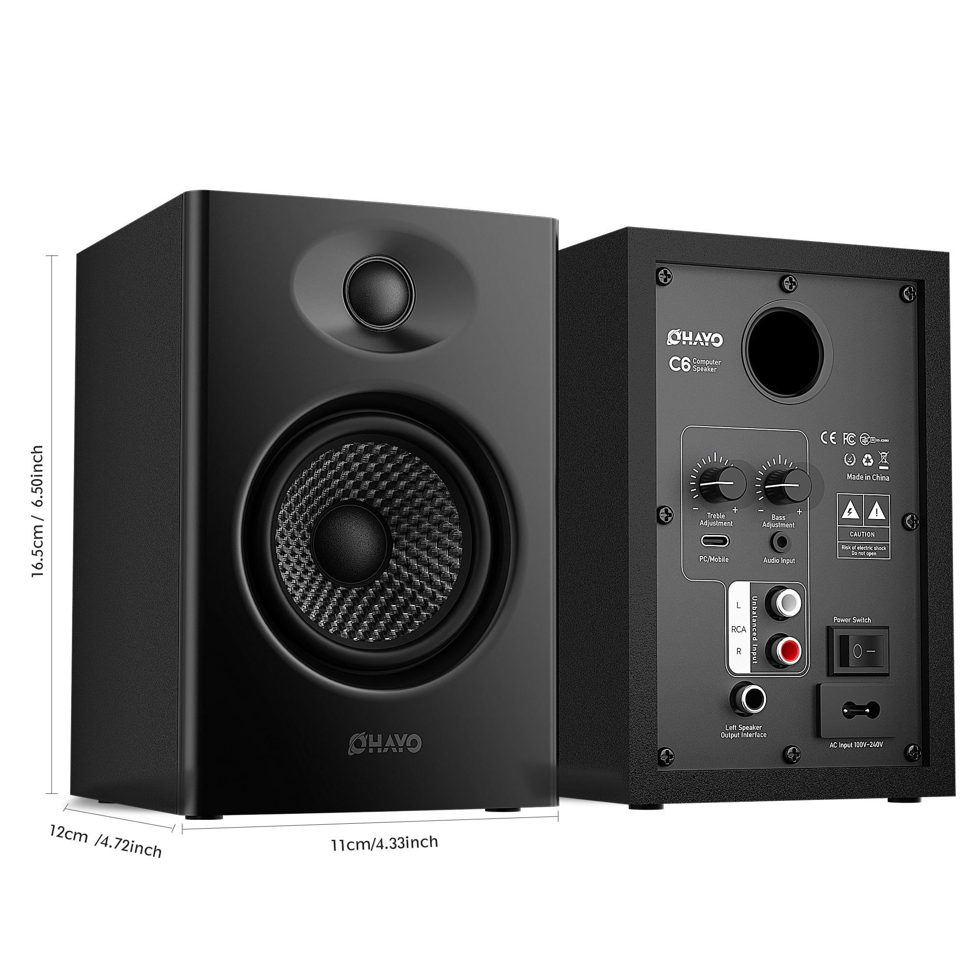 Ortiza 60W Computer Speakers for Music and Gaming, Active Bluetooth 5.3, Stereo 2.0 Speakers for Desktop PC or Laptop, 3.5mm Aux RCA Input, USB-Powered, 1 Pair, Black