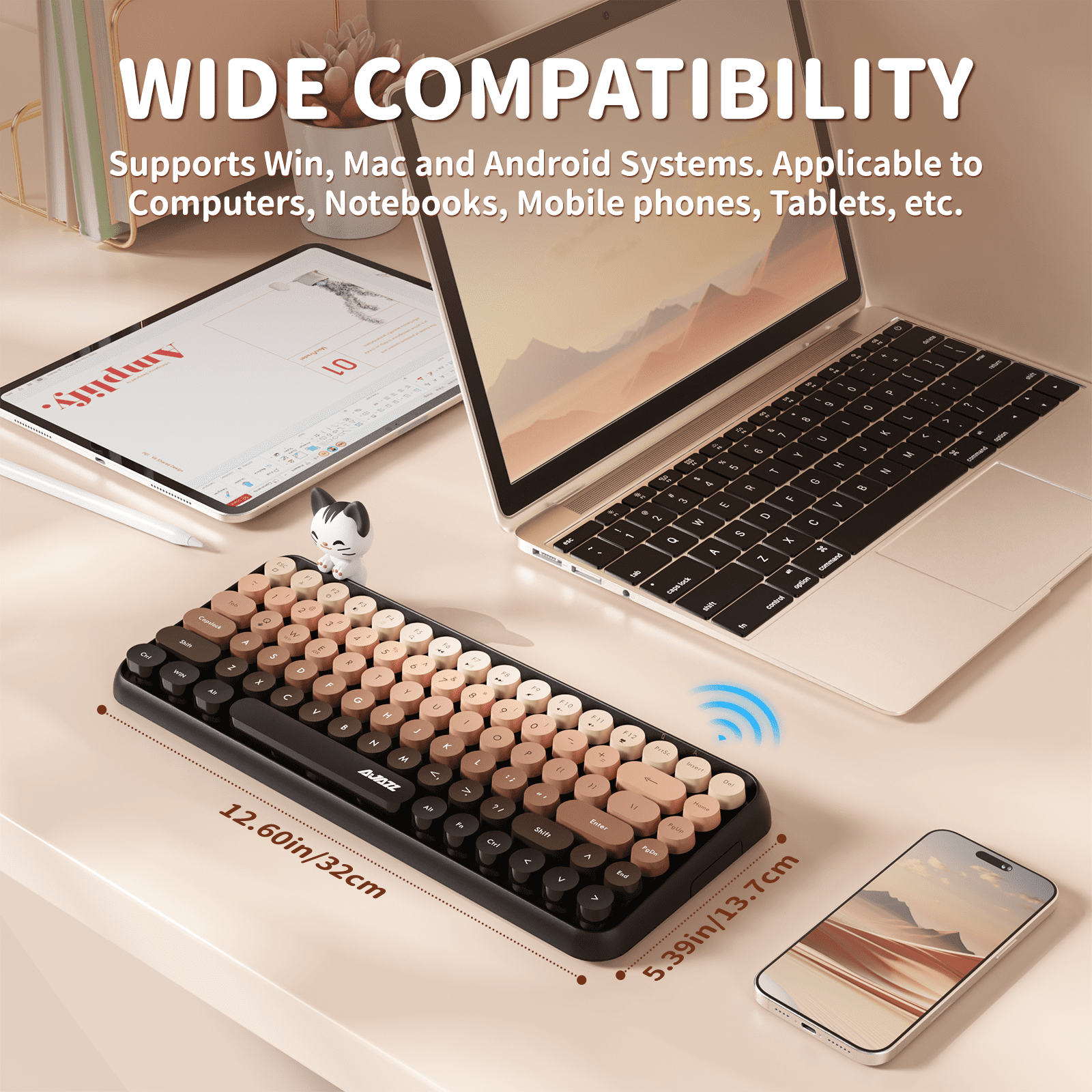 Ajazz 308i Retro Wireless Bluetooth Silent Computer Keyboard with Round Punk Compact 84 keys, Lightweight, Matte Texture, Typewriter Design, Cute Magnetic Cat Ornaments for PC, Laptop - Pink